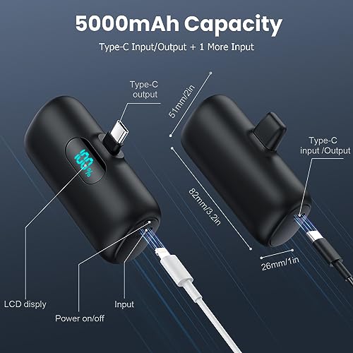 Feob Power Bank USB C 5000mAh,15W PD 3.0A Fast Charging Portable Charger Mini Power Bank LCD Display Battery Pack Compatible with iPhone 16/16 Pro/16 Plus/15 Series,Samsung S23/S22,USB C Phones etc