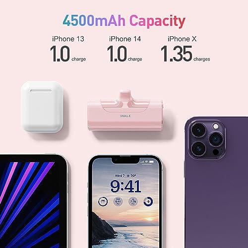 iWALK Mini Portable Charger 4500mAh Ultra-Compact Power Bank Small and Cute Battery Pack Compatible with iPhone 14/13/13 Pro/13 Pro Max /12/12 Pro/12 Pro Max/11 Pro/XR/X/8/Plus，Airpods and More,Pink