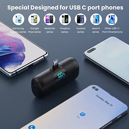 Feob Power Bank USB C 5000mAh,15W PD 3.0A Fast Charging Portable Charger Mini Power Bank LCD Display Battery Pack Compatible with iPhone 16/16 Pro/16 Plus/15 Series,Samsung S23/S22,USB C Phones etc